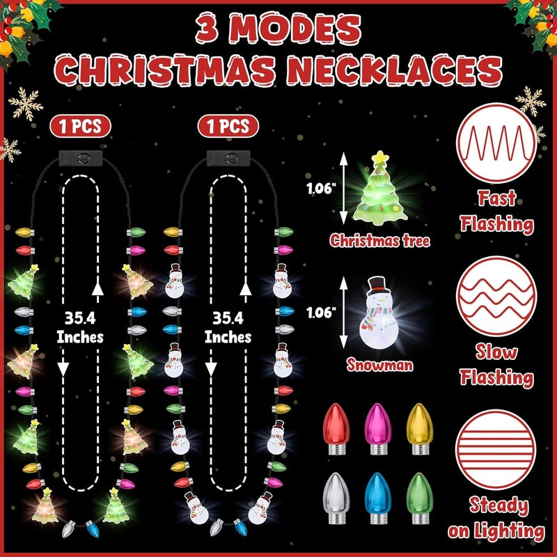 Traplace Store 2PCS Christmas Light Necklace Light up, 3 Modes Christmas Accessories, Multicolor Xmas Tree Snowman Designs, Wearable Festive Light up Decor for Xmas Theme Party Supplies, Ugly Sweater Decorations - Image 2